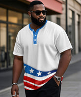 Men's Plus Size Independence Day Flag Print Henley Collar Button Short Sleeve Tee